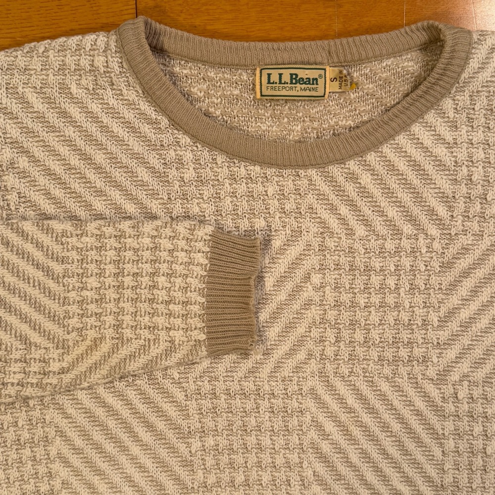 Vintage LL Bean Sweater Women's Small Cream Beige Herringbone Knit Pullover Top